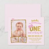 1e verjaardagsuitnodiging, roze meisje eerste verj kaart (Voorkant / Achterkant)