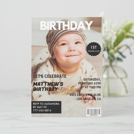 1e verjaardagsuitnodiging voor hem Magazine Hoesje Kaart (Staand voorkant)