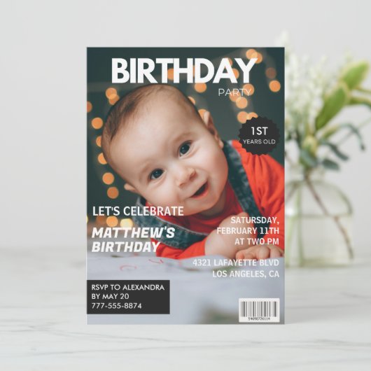1e verjaardagsuitnodiging voor hem Magazine Hoesje Kaart (Staand voorkant)