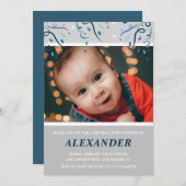 1e verjaardagsuitnodigingen Boy Confetti Photo Nav Kaart (Voorkant / Achterkant)