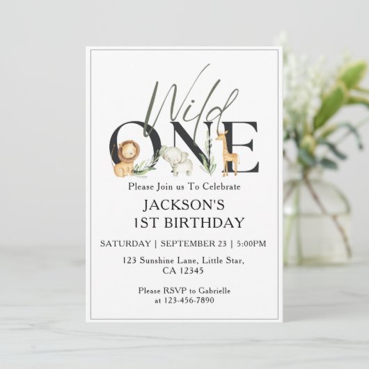 1e verjaardagsuitnodigingen kinder grillige wilde kaart (Staand voorkant)