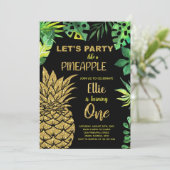 1e Zwart Gouden Glitter Ananas Uitnodigingen (Staand voorkant)