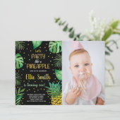 1e Zwart Groen Ananas Uitnodigingen met foto (Staand voorkant)