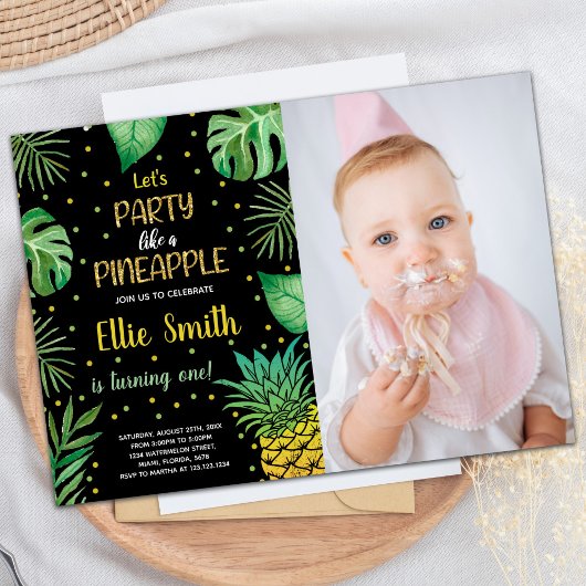 1e Zwart Groen Ananas Uitnodigingen met foto