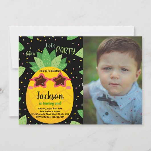 1e Zwart Sinaasappel Ananas Verjaardag w foto Kaart (Voorkant)