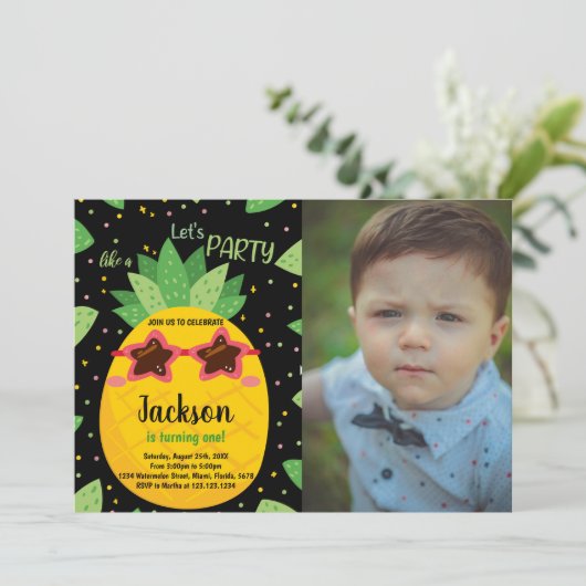 1e Zwart Sinaasappel Ananas Verjaardag w foto Kaart (Staand voorkant)