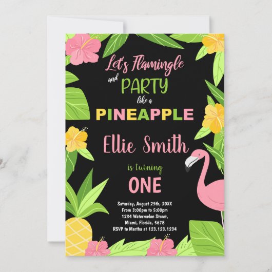 1e zwarte flamingo & ananas verjaardag kaart (Voorkant)