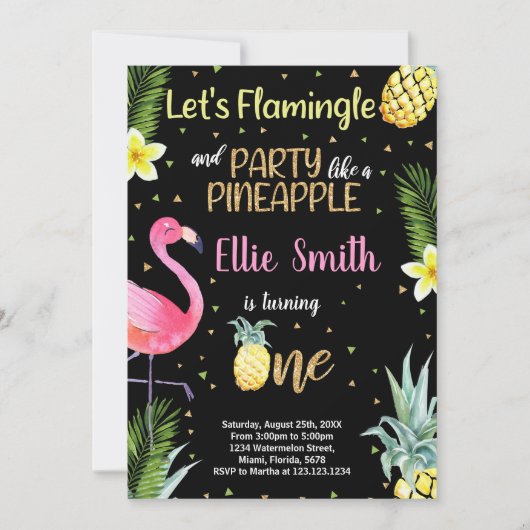 1e zwarte glitter flamingo ananas uitnodigingen (Voorkant)