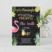 1e zwarte glitter flamingo ananas uitnodigingen (Staand voorkant)