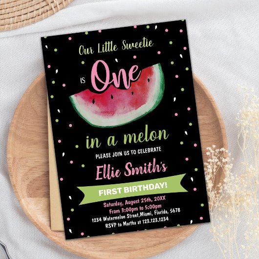 1e Zwarte Groene Watermeloen Verjaardag Uitnodigin Kaart