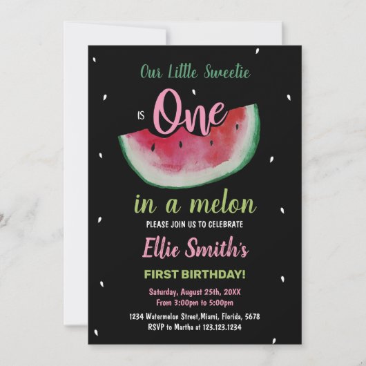 1e Zwarte Watermeloen Verjaardag Uitnodigingen (Voorkant)