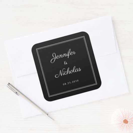 1Elegant  Black And White Script Wedding Vierkante Sticker (Envelop)