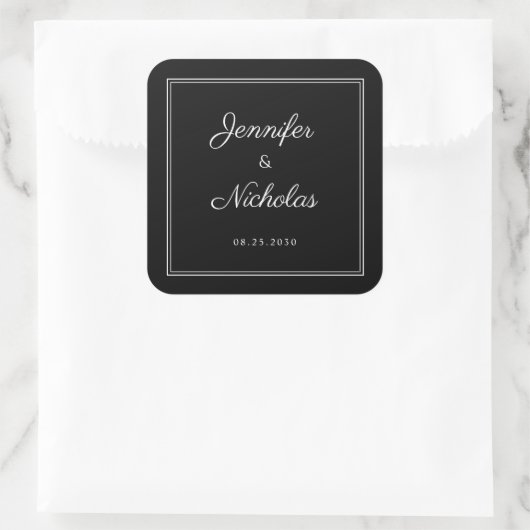 1Elegant  Black And White Script Wedding Vierkante Sticker (Tas)