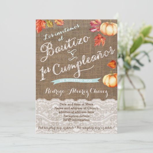 1er cumple y Bautizo, invitaciones calabazas Kaart (Staand voorkant)