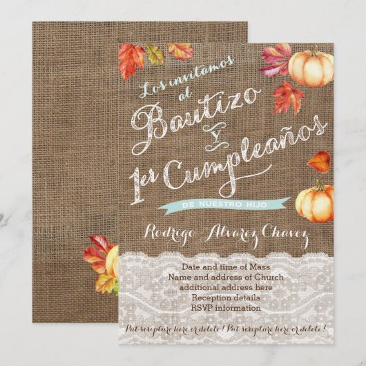 1er cumple y Bautizo, invitaciones calabazas Kaart (Voorkant / Achterkant)