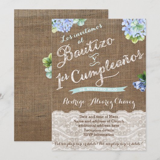 1er cumple y Bautizo, invitaciones niño Kaart (Voorkant / Achterkant)