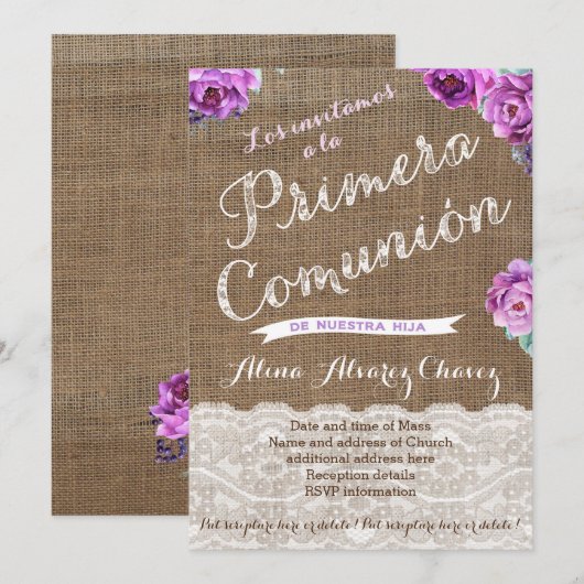 1era Comunión nodigt Spaanse burlap lavender uit Kaart (Voorkant / Achterkant)