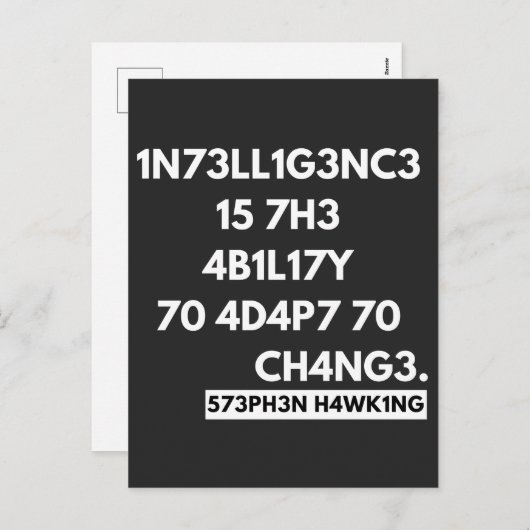 1N73LL1G3NC3 15 7H3 4B1L17Y 70 4D4P7 70 CH4NG3. FEESTDAGENKAART (Voorkant / Achterkant)