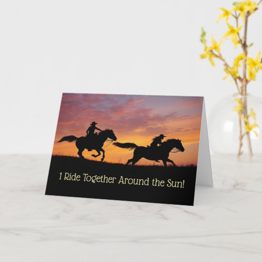 1st Anniversary Cute Cowboy Cowgirl Country Wester Kaart (Gele Bloem)