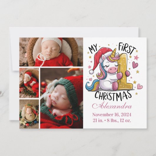 1st Baby Christmas 4 Photo  Pink Gold Unicorn Feestdagenkaart (Voorkant)