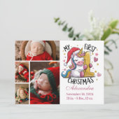 1st Baby Christmas 4 Photo  Pink Gold Unicorn Feestdagenkaart (Staand voorkant)
