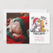 1st Baby Christmas Photo  Pink Gold Unicorn Feestdagenkaart (Voorkant)