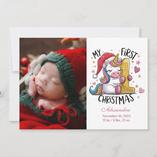 1st Baby Christmas Photo  Pink Gold Unicorn Feestdagenkaart (Voorkant)