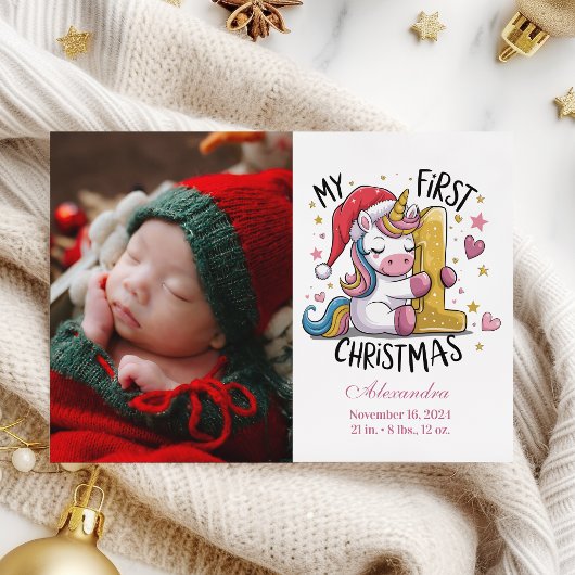 1st Baby Christmas Photo  Pink Gold Unicorn Feestdagenkaart