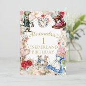1st Birthday Alice In Wonderland Pink Floral Kaart (Staand voorkant)