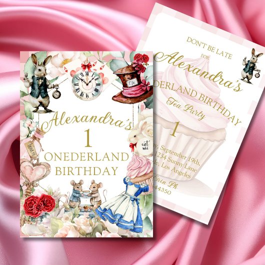 1st Birthday Alice In Wonderland Pink Floral Kaart