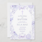 1st Birthday and Baptism for Girl Lilac Floral Kaart (Voorkant)