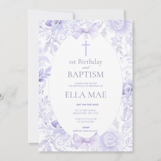 1st Birthday and Baptism for Girl Lilac Floral Kaart (Voorkant)