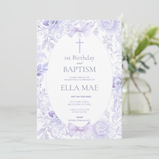 1st Birthday and Baptism for Girl Lilac Floral Kaart (Staand voorkant)