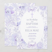 1st Birthday and Baptism for Girl Lilac Floral Kaart (Voorkant / Achterkant)