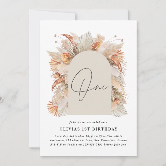 1st Birthday Botanische Pampas Grass Modern script Kaart (Voorkant)