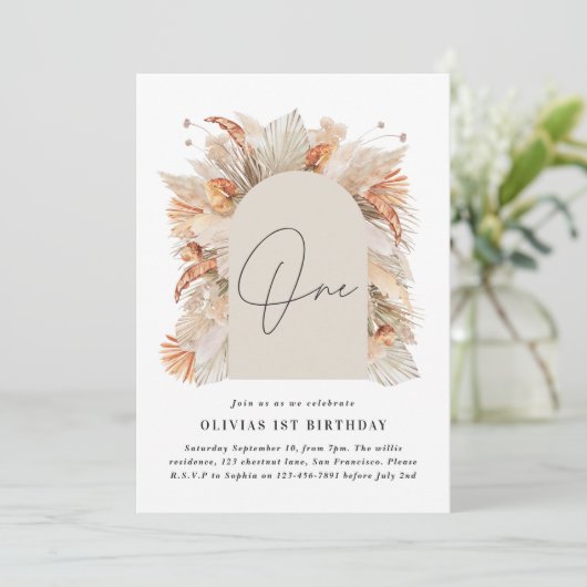 1st Birthday Botanische Pampas Grass Modern script Kaart (Staand voorkant)