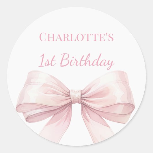 1st Birthday Bow Blush Pink Girl Ronde Sticker (Voorkant)
