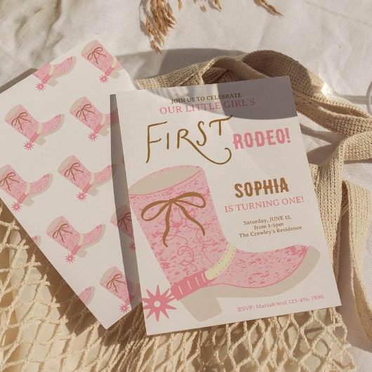 1st Birthday Cowgirl First Rodeo  Invite Kaart