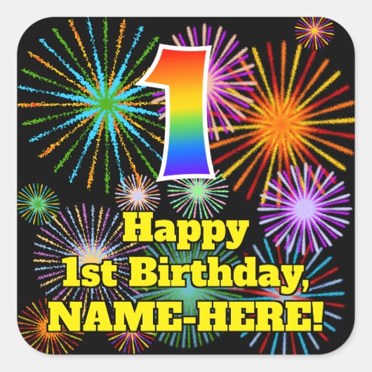1st Birthday: Fun Fireworks Look, Rainbow # 1 Vierkante Sticker (Voorkant)