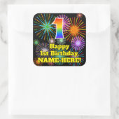 1st Birthday: Fun Fireworks Look, Rainbow # 1 Vierkante Sticker (Tas)