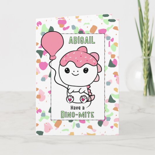 1st Birthday Girl Dinosaur Cartoon Adorable Kaart (Voorkant)