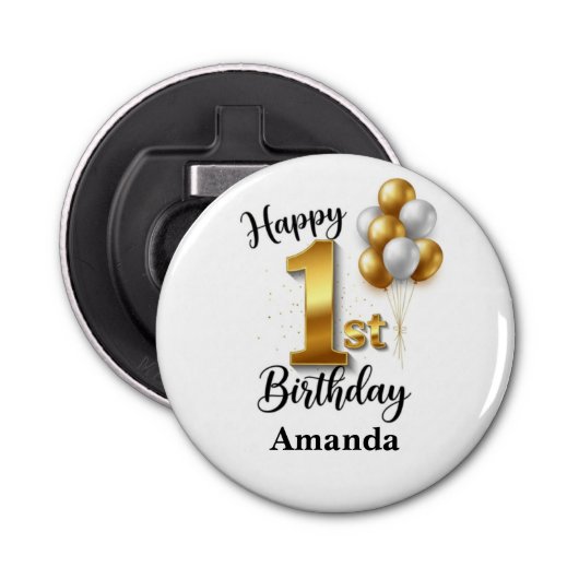 1st Birthday Gold Balloons Bottle Opener (Voorkant)