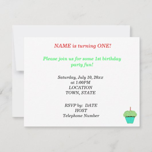 1st Birthday Green Cupcake Invitation CUSTOMIZE Kaart (Achterkant)