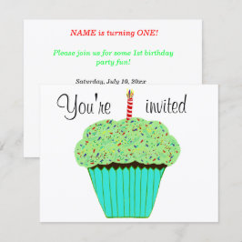 1st Birthday Green Cupcake Invitation CUSTOMIZE Kaart