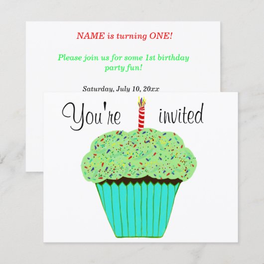 1st Birthday Green Cupcake Invitation CUSTOMIZE Kaart (Voorkant / Achterkant)