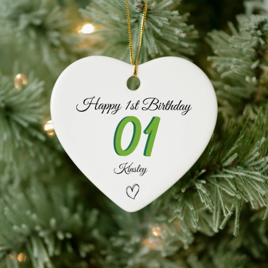 1st Birthday green Shadow Monogram heart baby Keramisch Ornament (Boom)