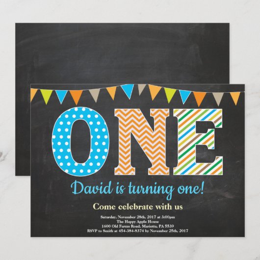1st Birthday Invitation Boy Chalkboard Kaart (Voorkant / Achterkant)