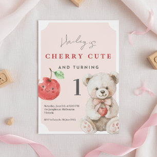 1st Birthday Invitation Cherry Cute Teddy Theme Kaart