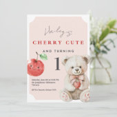 1st Birthday Invitation Cherry Cute Teddy Theme Kaart (Staand voorkant)