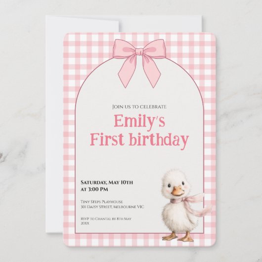 1st Birthday Invitation Gingham Duck Theme Kaart (Voorkant)